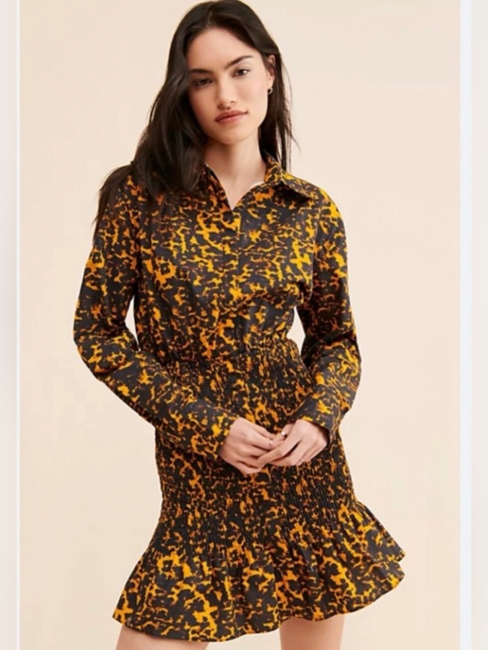 NWT Free People Third Form Blur Out Shirred Shirt Dress Orange & Black Ruched